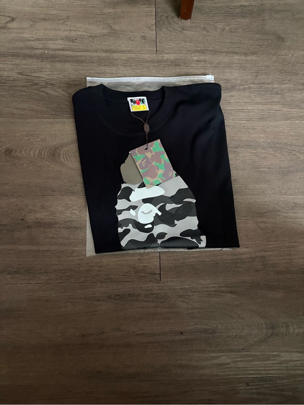 Bape Black Tee with Gray & White Camo Ape Graphic